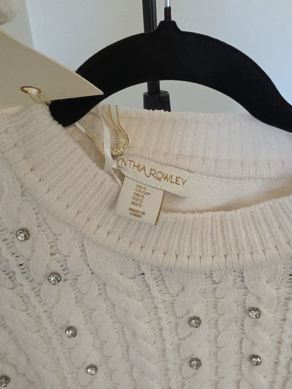 Cynthia Rowley Cream Cable Knit Sweater with Crystal Studs